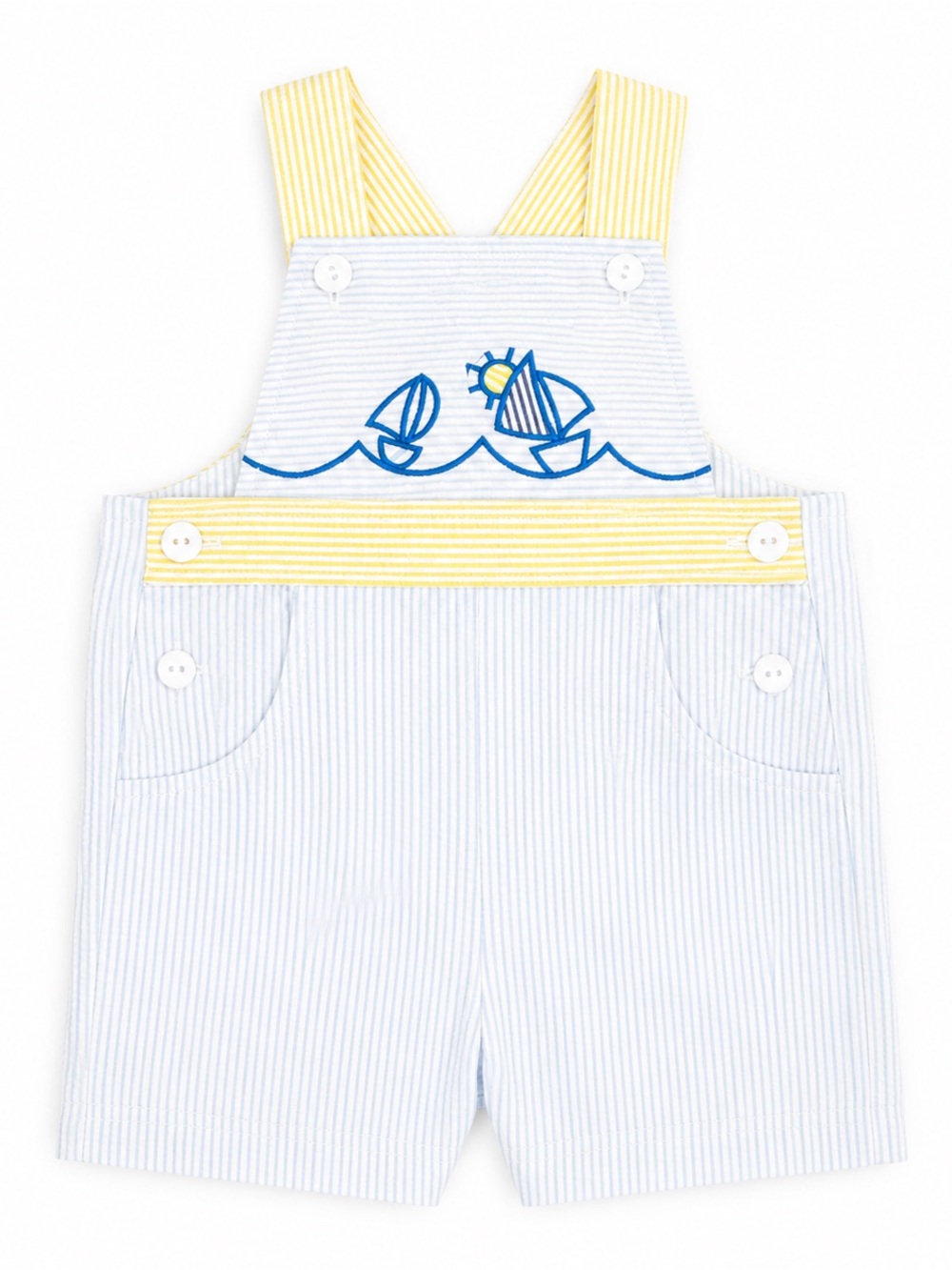 Florence Eiseman Striped Seersucker Baby Overalls with Sailboat Embroidery